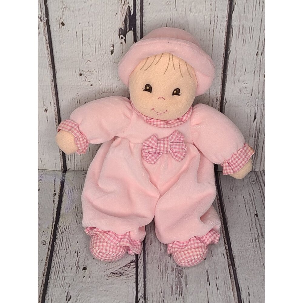 6" Vintage Dakin 'First Doll' Pink Baby Girl Plush Rattle Gingham Hat Bow Lovey